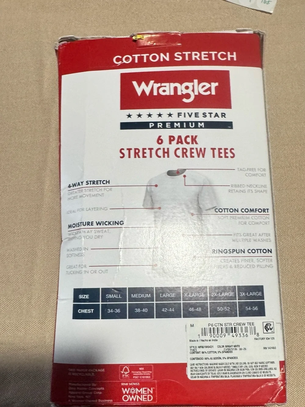 Wrangler Red‎ and White Cotton Stretch 6-Pack Crew Tees Packaging
